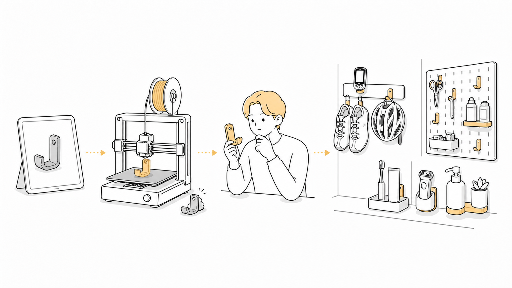 公開データからフックを3Dプリントし、暮らしの収納へ展開する試作工程の図