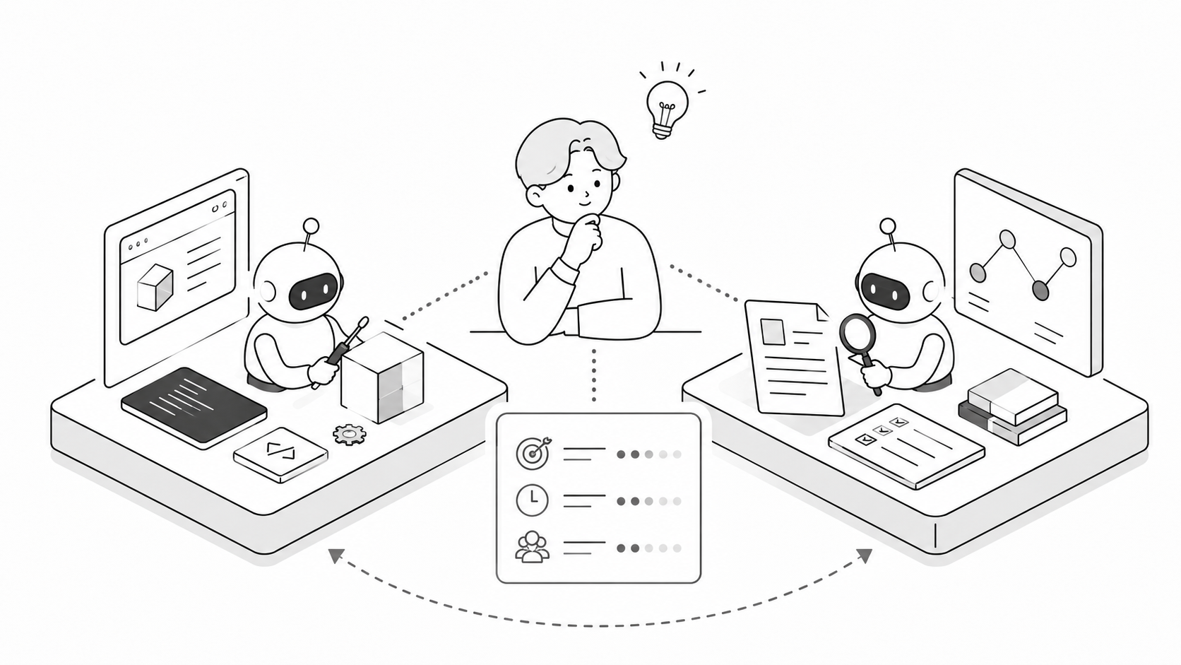 人間の判断基準を中心に、CodexとClaude Codeが相互レビューするイメージ